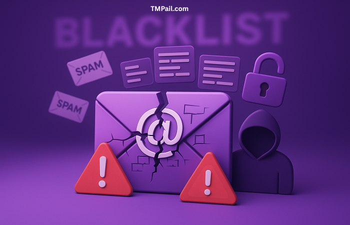 temporary email inbox overflowing with spam, broken security icons, a red 'Blacklisted' stamp, and a hacker silhouette representing the risks of insecure disposable email services.