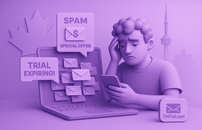 Canadian user overwhelmed by spam and promo emails cluttering their inbox with iconic Canada symbols in the background.