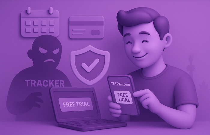 A happy user signing up for a free trial using TMPail.com on their phone, while a shadowy figure labeled “Tracker” is blocked by a shield icon, with calendar and credit card icons in the background.