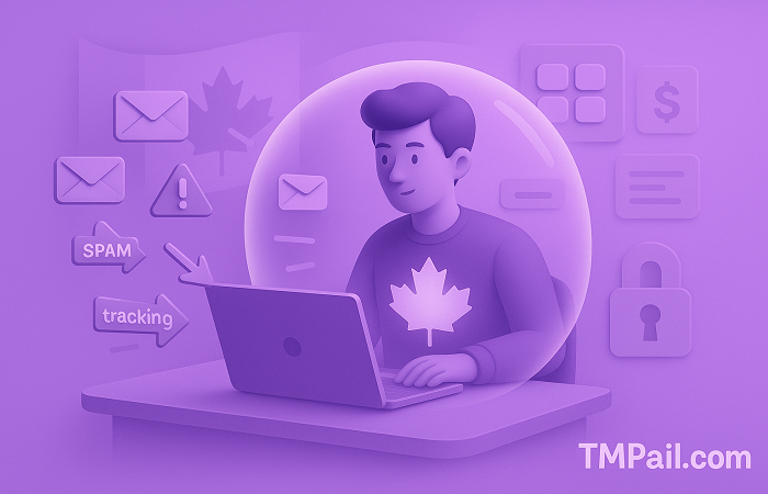 Canadian user staying anonymous online in 2025 with privacy shield blocking spam and trackers.