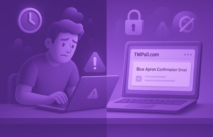 Person closing laptop with warning icon on TMPail.com inbox; Blue Apron email missed. Open inbox on right shows verified email with checkmark. Clock, lock, and no-email icons above