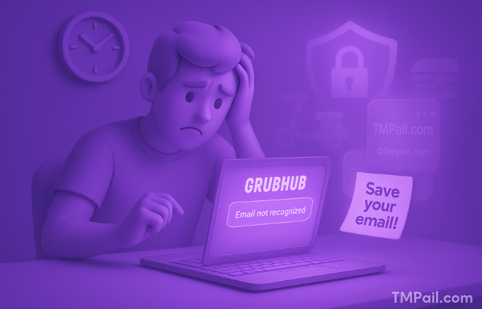 Frustrated user at laptop facing Grubhub login error due to lost temp email, with fading TMPail inbox and a reminder note saying 'Save your email!' in the background.