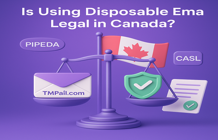 digital justice scales balancing a temp email icon and shield, Canadian flag in the background, representing the legality of disposable email in Canada.