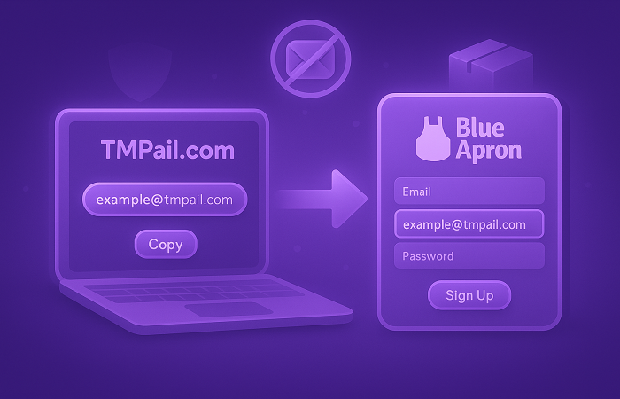 Visual step-by-step showing TMPail.com temp mail being copied and used to sign up on Blue Apron’s website for a meal kit subscription without using a real email.