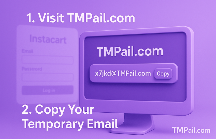 computer screen displaying TMPail.com with a temp email and “Copy” button, and Instacart sign-up form faintly in the background.
