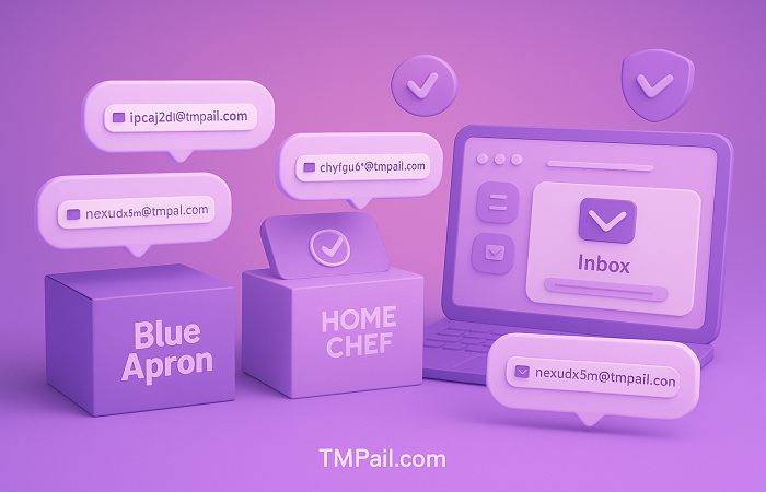 Blue Apron, HelloFresh, EveryPlate, and Home Chef arranged in a kitchen, with a floating TMPail.com email bubble and icons for privacy and no spam.