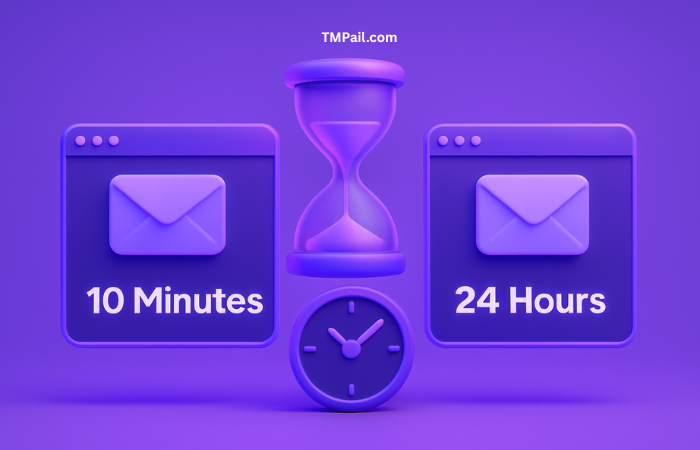 Digital illustration of two inboxes with timers showing 10 minutes and 24 hours, symbolizing the typical lifespan of temporary email addresses across different services.