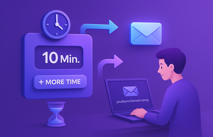 Temporary email timer with extended duration and custom domain forwarding setup.