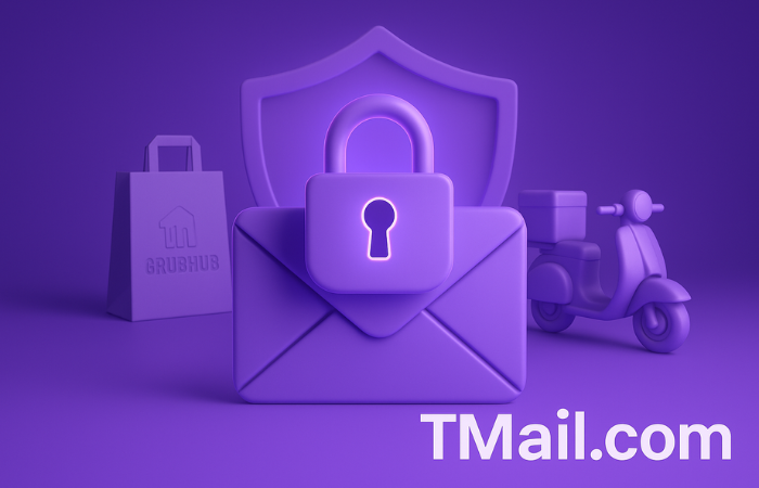 Glowing purple padlock on an email icon, with Grubhub bag, scooter, and shield in background, symbolizing secure temp email and privacy