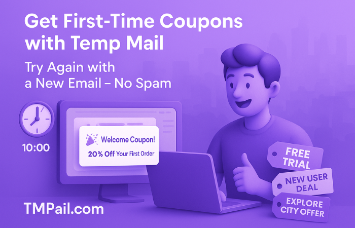 happy user at a laptop receiving a “Welcome Coupon” with tags for free trial, new user deal, and explore city offer