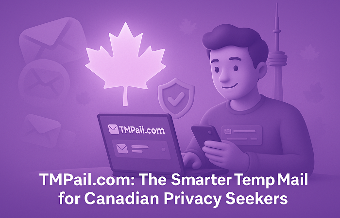 Canadian user securely using TMPail.com with shield and maple leaf icons, while unsafe temp mail services fade in the background.