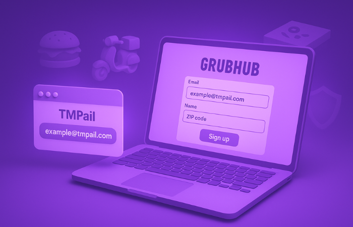 Laptop displaying Grubhub sign-up page with a temp email from TMPail pasted in, alongside TMPail inbox and food delivery icons in background symbolizing privacy.