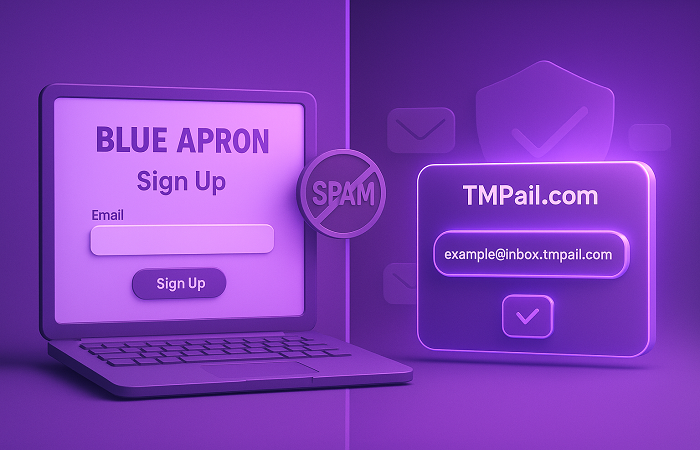 Split image showing Blue Apron sign-up form on one side and TMPail.com temp mail inbox on the other, illustrating how temporary email for Blue Apron avoids spam and keeps privacy.