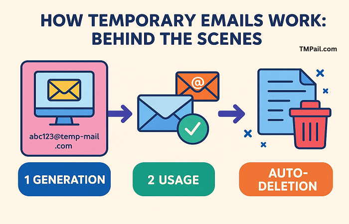Diagram of how temporary email services generate and discard email addresses