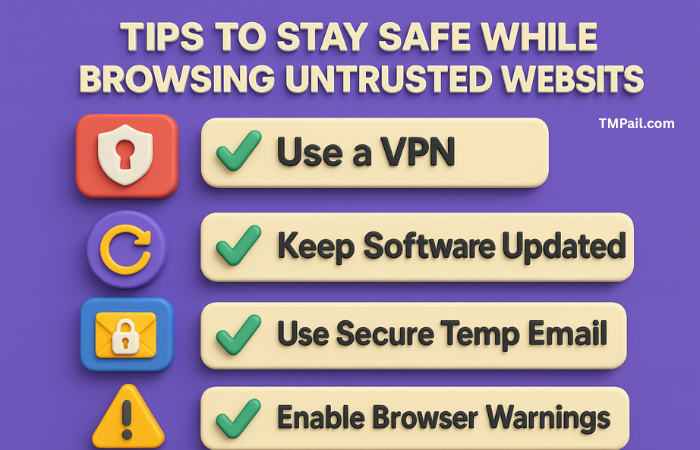 Infographic showing online safety tips when browsing untrusted websites